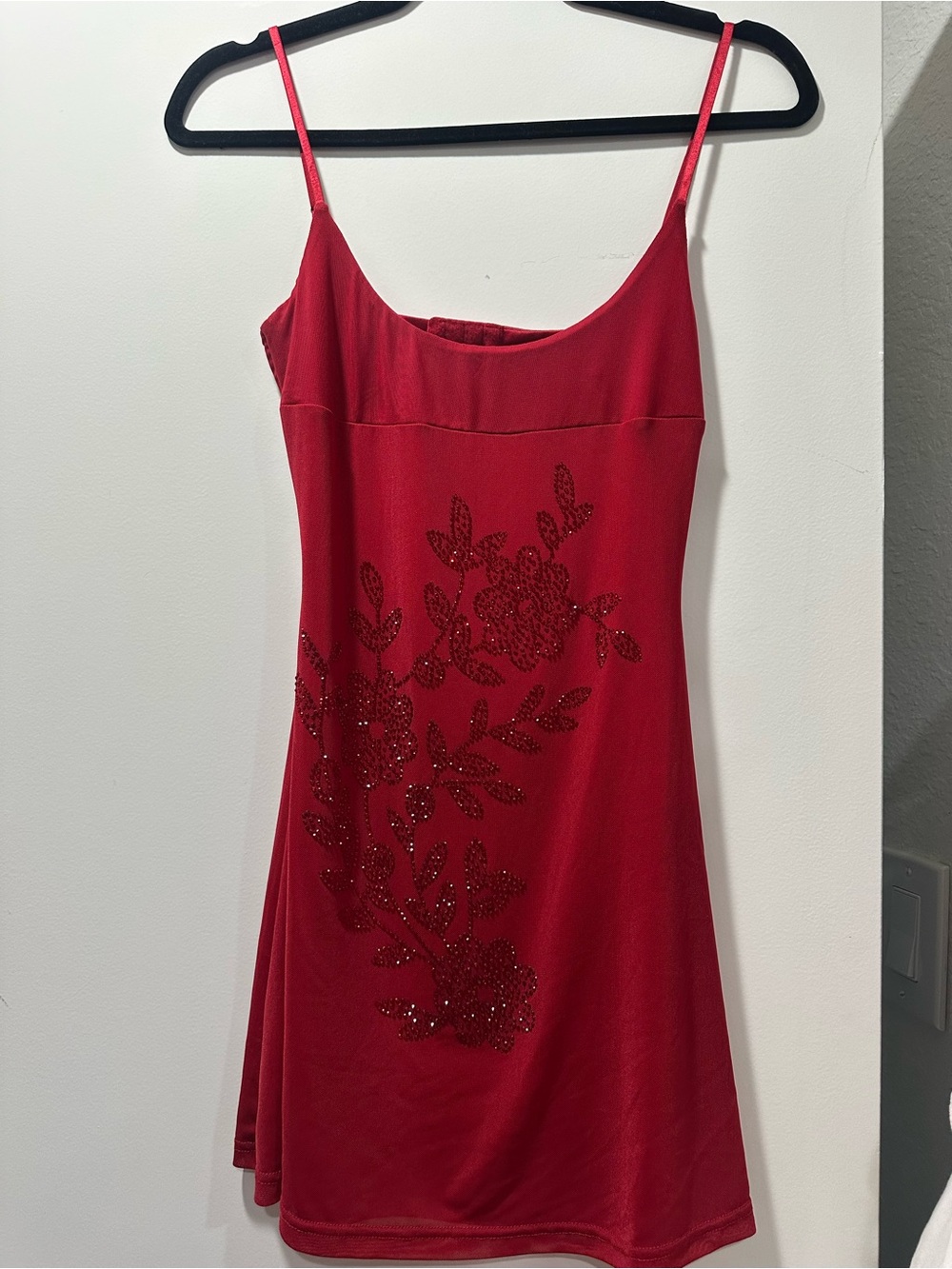 Tiger Mist Red Spaghetti Strap Mini Dress with Beaded Floral Detail